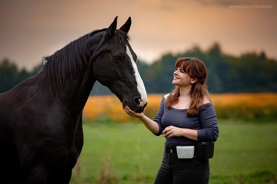 Een trainer reikt een voerbeloning aan haar paard aan